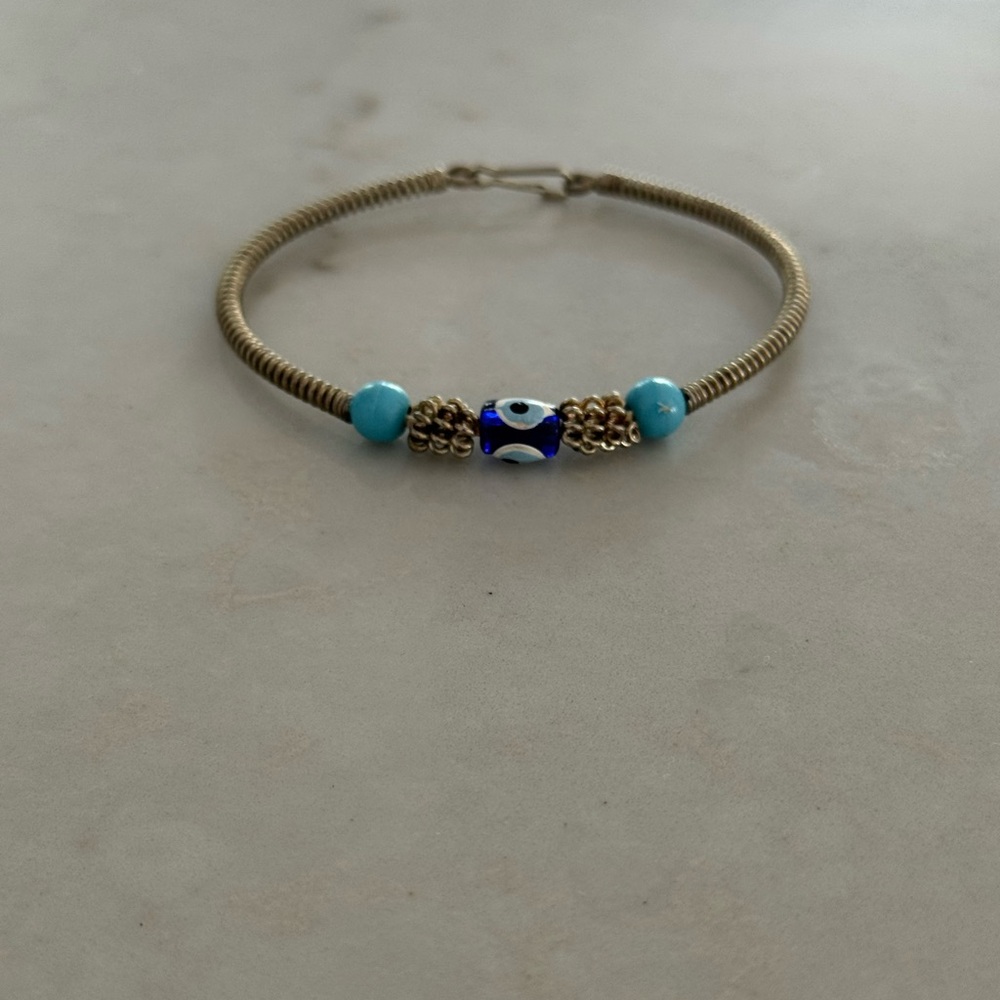 Vintage Silver Coil Bracelet with Blue Evil Eye & Turquoise Beads - Picture 2 of 7